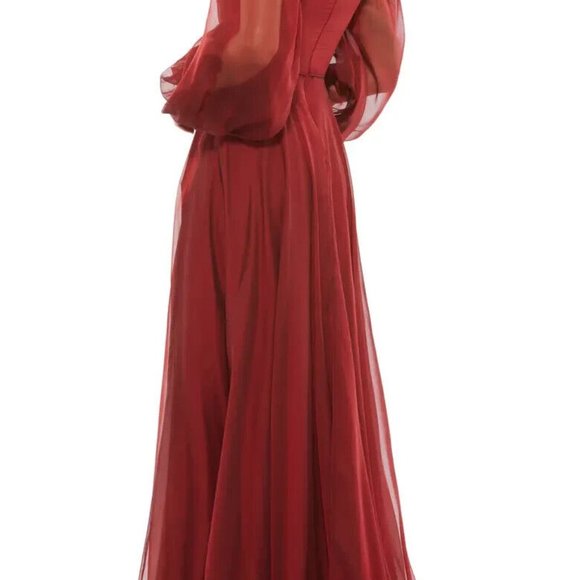 NWOT MAC DUGGAL SHEER BLOUSON SLEEVE SURPLISE GOWN RED 67873 - Picture 5 of 10